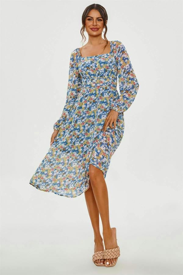 FS Collection Floral Print Long Sleeve Maxi Dress In Blue