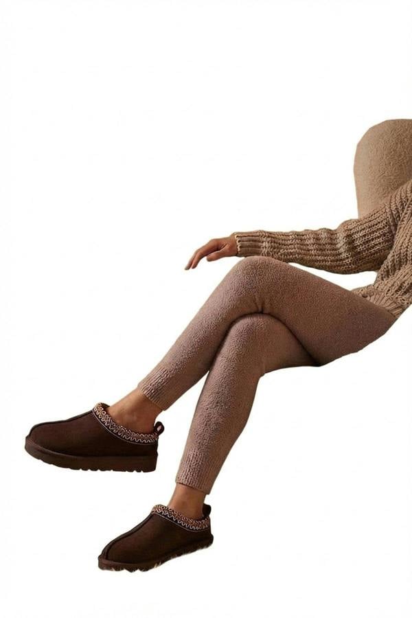 Ravina Chunky Slip On Suede Slippers With Stitch Detail - Brown_wb