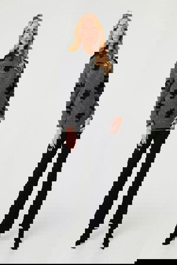 Grey | Heart Print Denim Trim Collar Jumper
