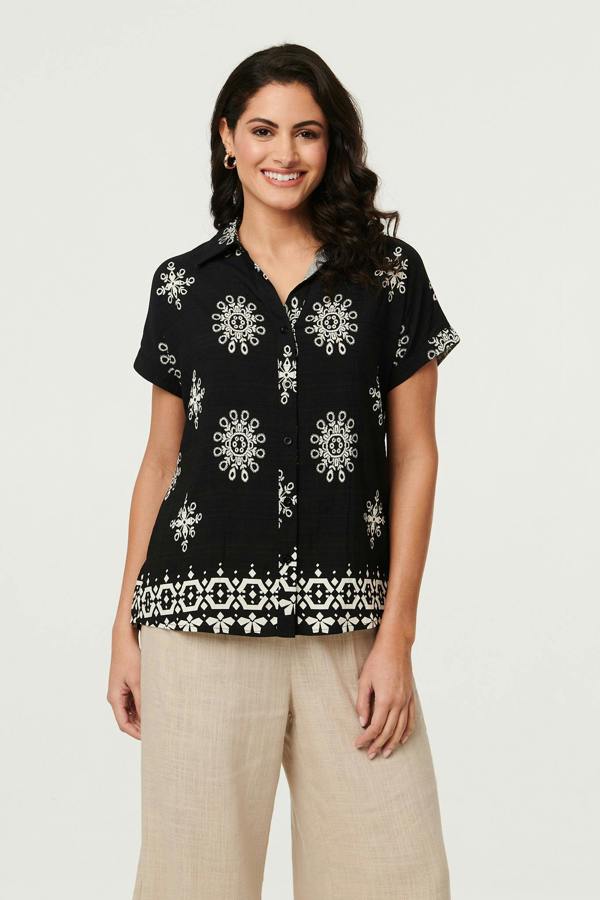 Black | Printed Short Sleeve Relaxed Shirt
