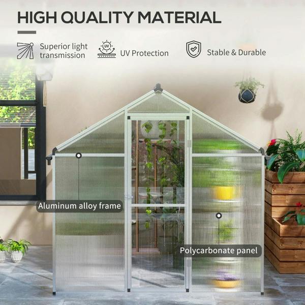 Walk-in greenhouse with aluminum alloy frame and clear polycarbonate panels, gable roof