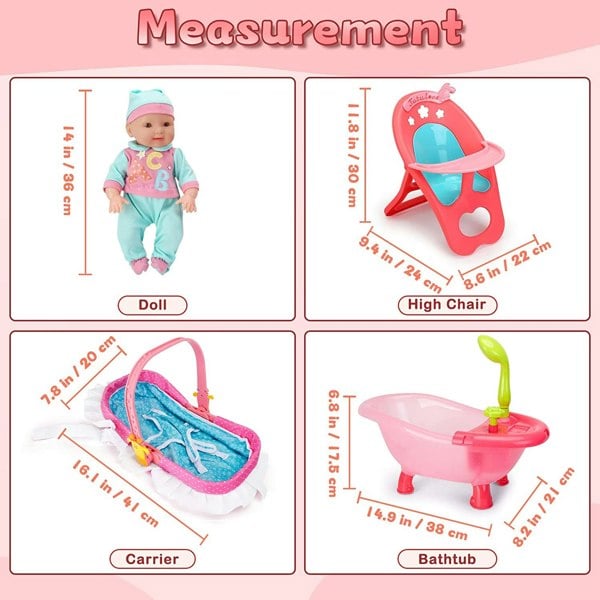 deAO Toys 14" Baby Doll Play Set 25 Pcs Baby Doll Accs with High Chair Bath Crib
