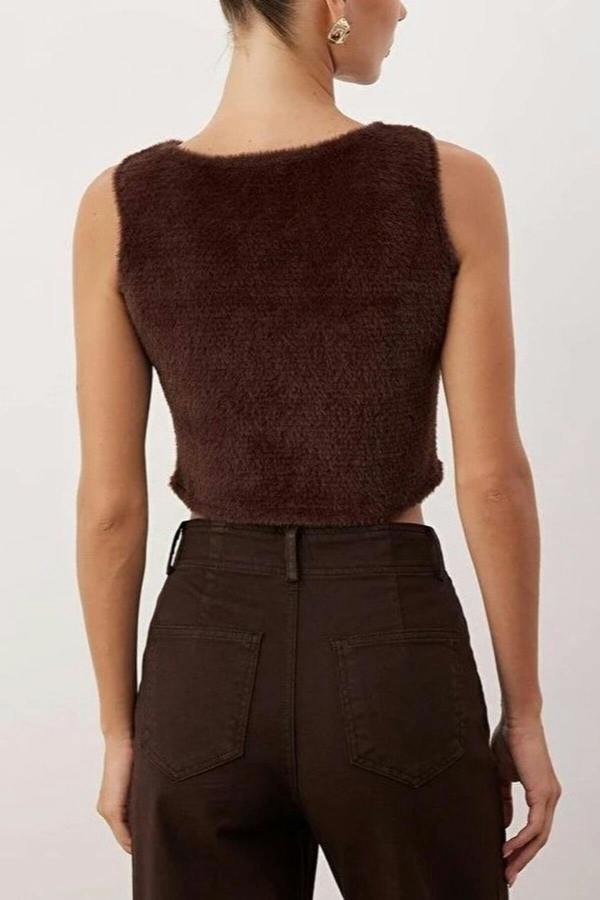 WOVCOR Plush Fitted Super Crop Knit Vest with Button Detail