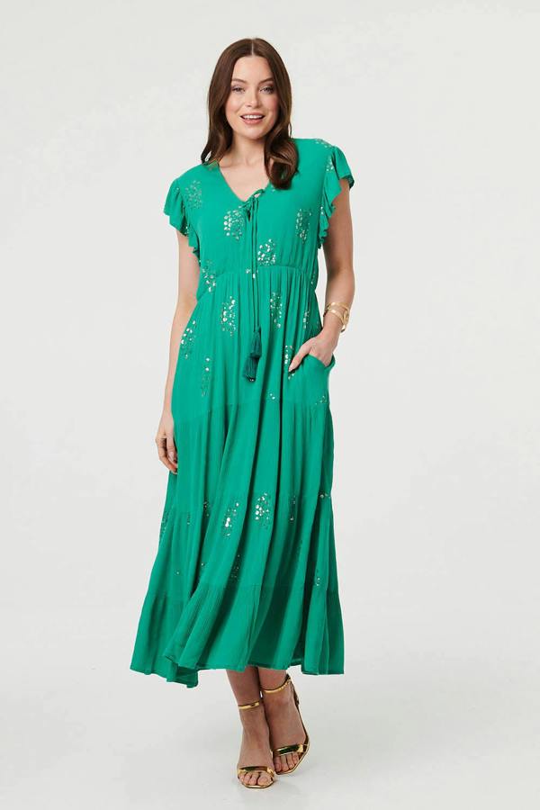 Green | Sequin Detail Cap Sleeve Maxi Dress