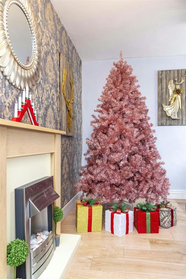 4ft to 7ft Rose Gold Artificial Christmas Trees with Shiny Tinsel Finish and Hinged Branches image 2