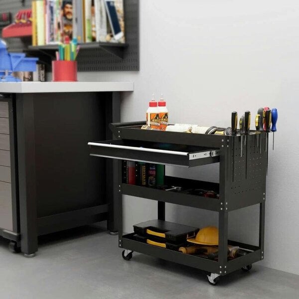 Bobobiy 3-Tier Tool Trolley Cart Storage Shelf Roller Cabinet DIY Box Garage Workshop with Drawer Black - Black