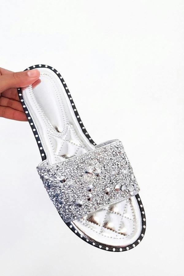 Sofie Embellished Slip On Sandals - Silver_wb