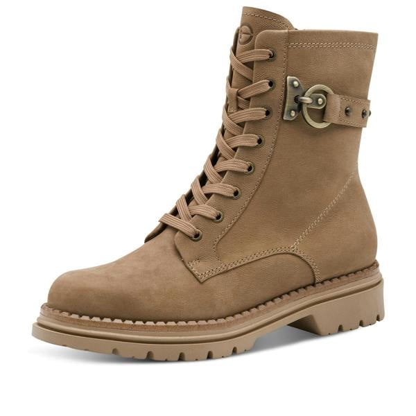 Tamaris Womens Fashion Camel Beige Leather Lace-Up Zip Combat Ankle Boots