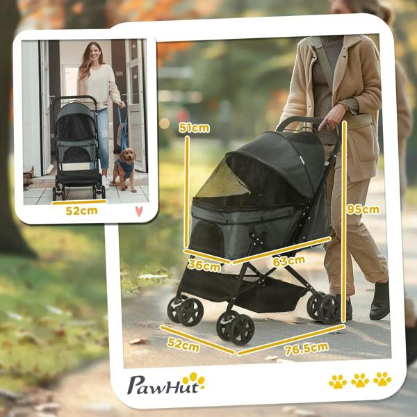 Grey pet stroller with size indicators, side profile and open canopy shown.