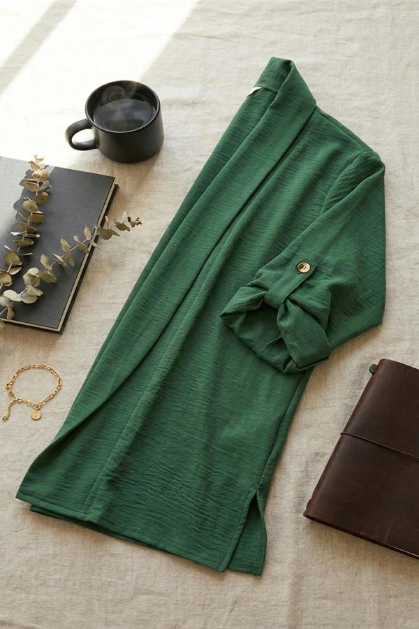 Vivian Open Front Roll Up Sleeve Cardigan - Green