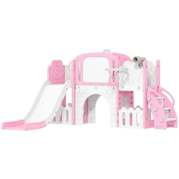 Pink toddler multi-activity playset with slide, climbing frame, and basketball hoop