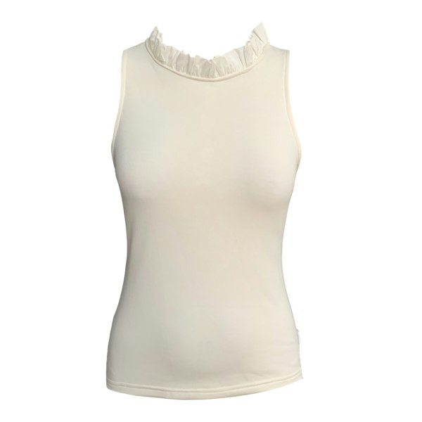 This is a cream sleeveless top with neck frill, silhouetted against a white background.