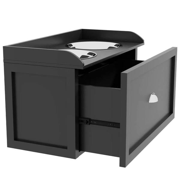 Black raised pet feeding cabinet with two bowls on top and open storage drawer