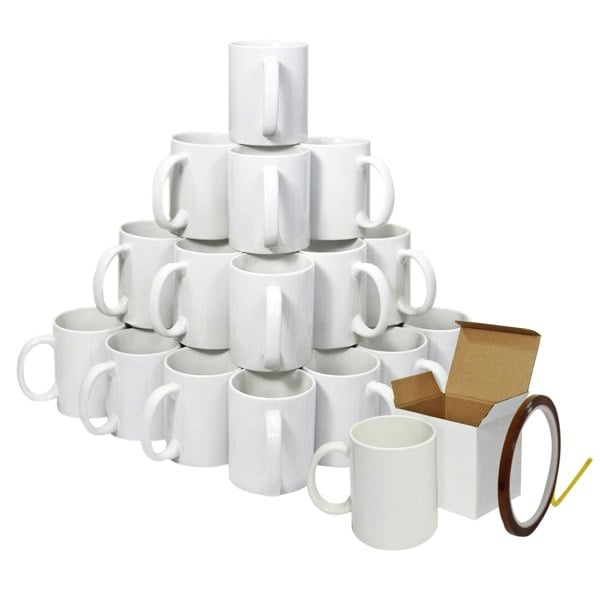 Stack of 36 white ceramic sublimation mugs with one open brown box and a roll of heat tape with yellow applicator.