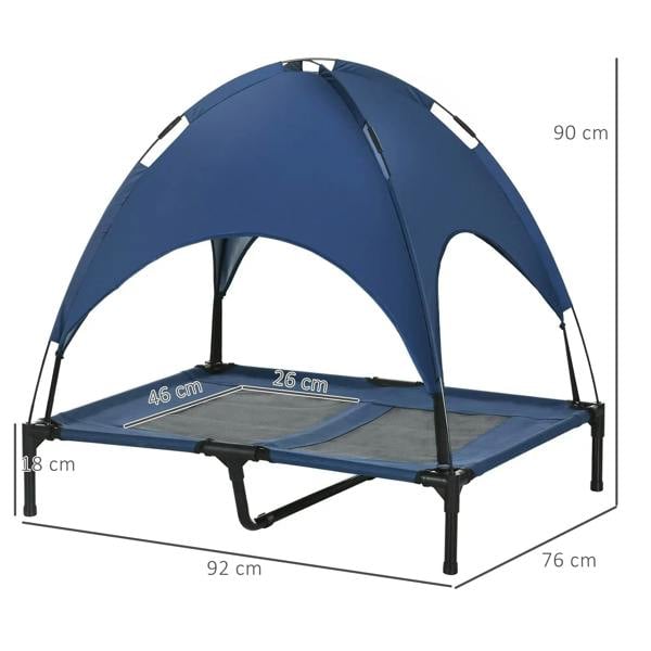 Blue elevated pet cot with arched removable canopy and breathable mesh base