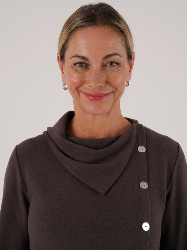 PennyPlain Button Split Cowl Neck Top - Dark Latte