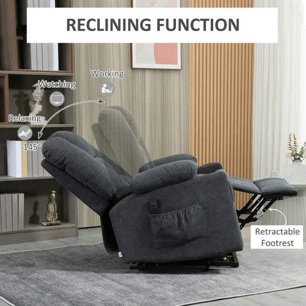 Charcoal dark gray electric recliner armchair with reclined back and retractable footrest