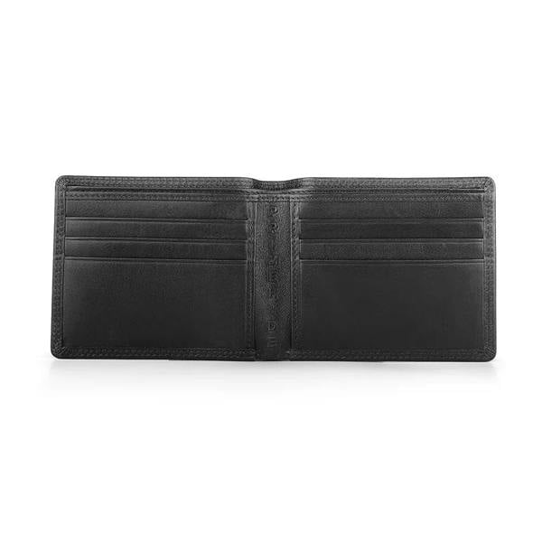 Interior of men’s black leather wallet with 6 card slots and slip pockets