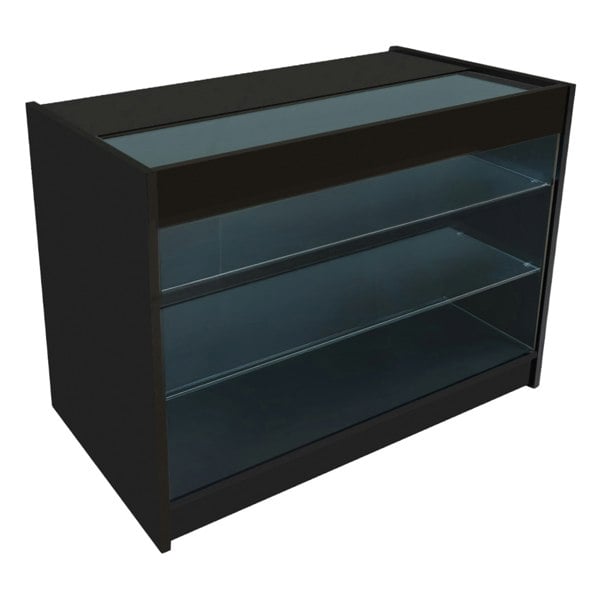Black Calliope LED shop counter set featuring a sleek design, glass shelves, and a modern finish, ideal for retail displays