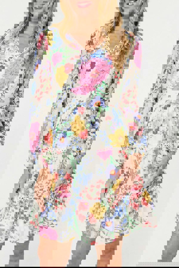 Pink | Floral Long Sleeve Tiered Short Dress
