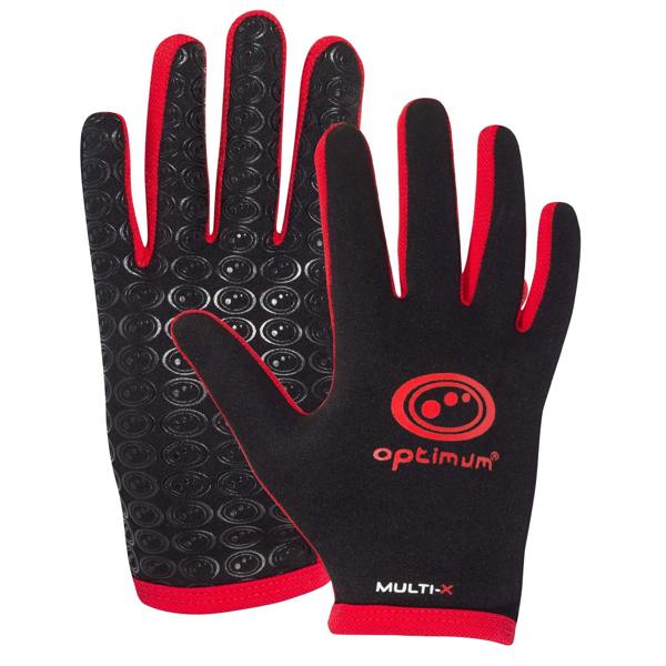 Pair of black and red Optimum Multi-X gloves showing red logo back and textured grip palm on white - Optimum