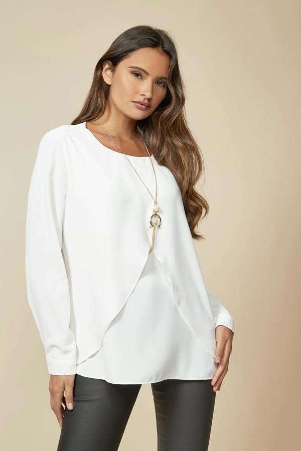 Hoxton Gal Long Sleeves Relaxed Fit Layered Top with Necklace in White