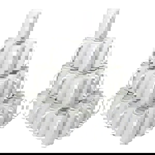 Stacked pyramid of plain white ceramic mugs with large handles, 11oz size.