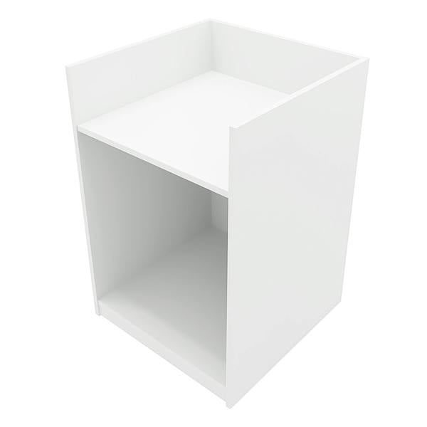 Astro LED Shop Counter Set in sleek white, featuring a minimalist design with a smooth surface and open storage space below