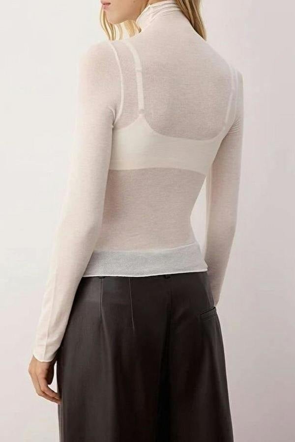 WOVCOR Transparent Stand Collar Flexible Regular Knit Blouse