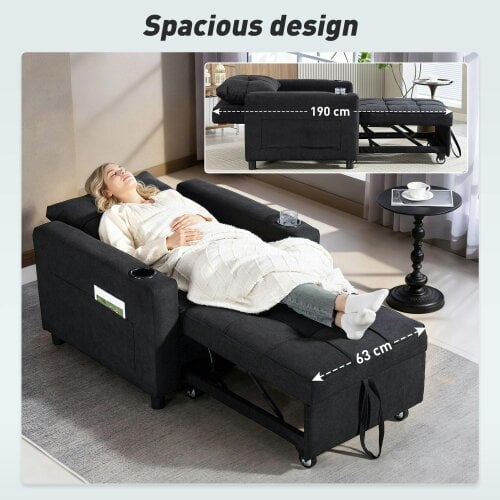 Wyld Haus Soliri Black Upholstered 3 In One Convertible Single Sofa Bed Tufted Cushion