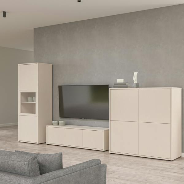 Furniture To Go Alice Springs Narrow Display Cabinet with 3 Push-to-Open Doors in Sand
