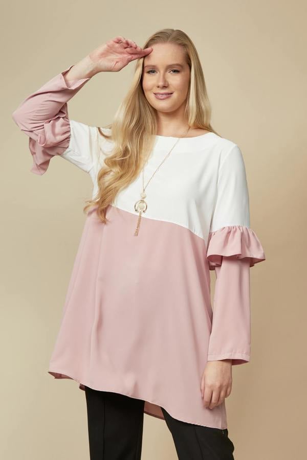Hoxton Gal Colour Block Top with Frill Detailed on Sleeve in White and Blossom