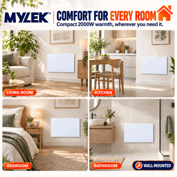 MYLEK Panel Space Heater White 2KW Eco, Smart and WiFi App Slimline Low Energy - Wall Mounted, Bathroom IPX4