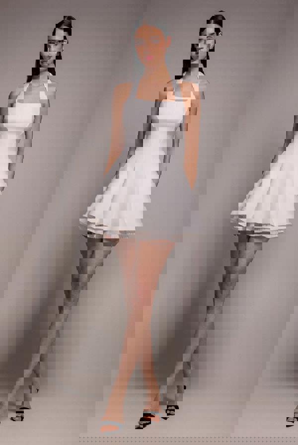 Organza Frill Bow Back Halter Mini Dress - Cream DR4744