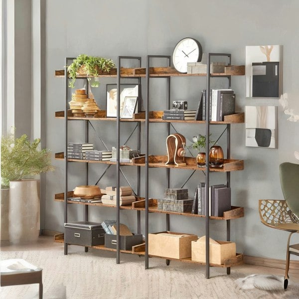 Rafaelo Mobilia Industrial 5 Tier Bookcase Storage Shelf Unit Rustic Brown
