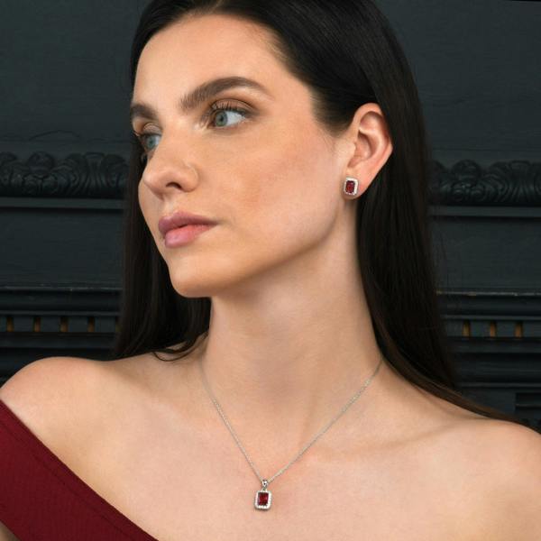 namana 925 Sterling Silver Emerald Cut Red Halo Pendant Necklace For Women