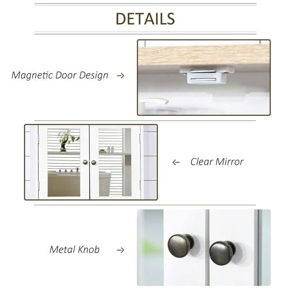 Bathroom mirror cabinet details: magnetic door, clear mirror panels, metal knobs