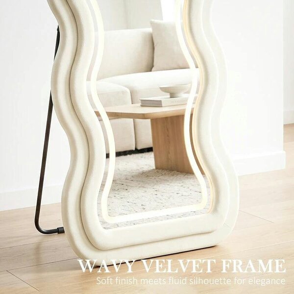 Full Length Mirror, 160 x 60 cm Wavy Full Body Wall Standing Mirror with Velvet Frame and LED Light Strip, Cream White
