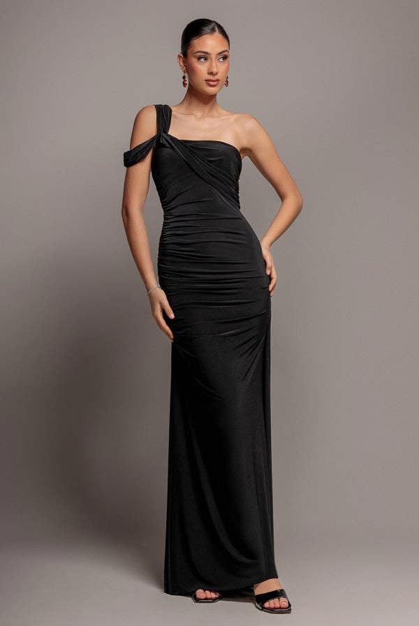 One Shoulder Asymmetric Twist Maxi Dress - Black DR5089