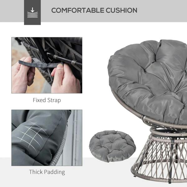 Grey padded Papasan chair with woven rattan base and cushioned seat with straps