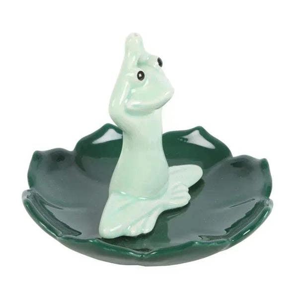 Side view ceramic frog incense holder on dark green leaf tray with small snout