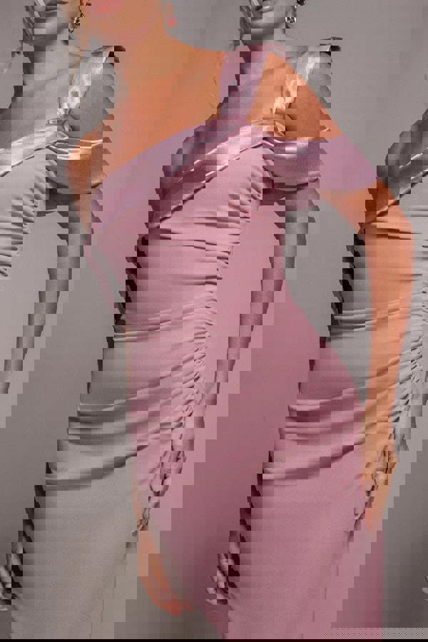 One Shoulder Satin Band Bodycon Midi Dress - Rose Pink DR3483