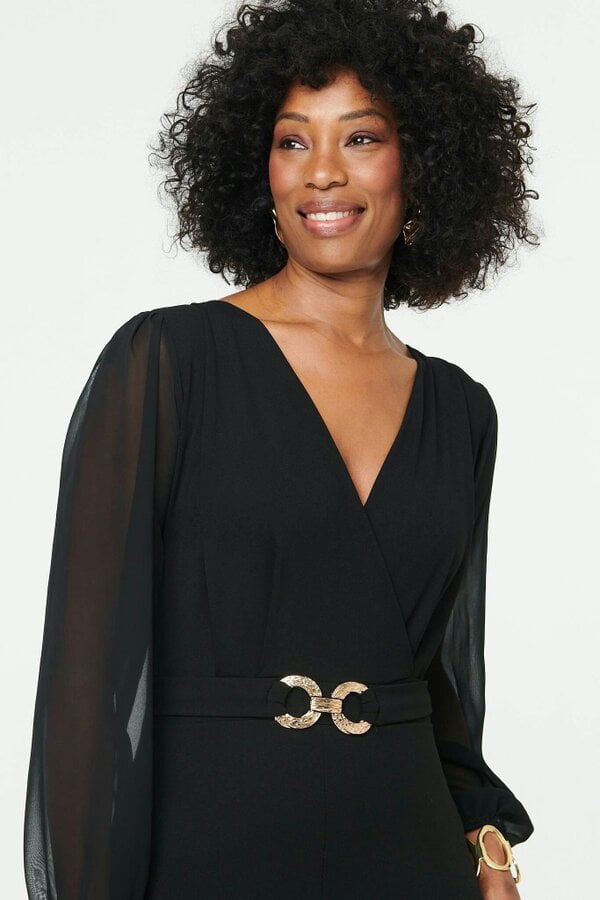 Izabel London Semi Sheer Long Sleeve V-Neck Jumpsuit