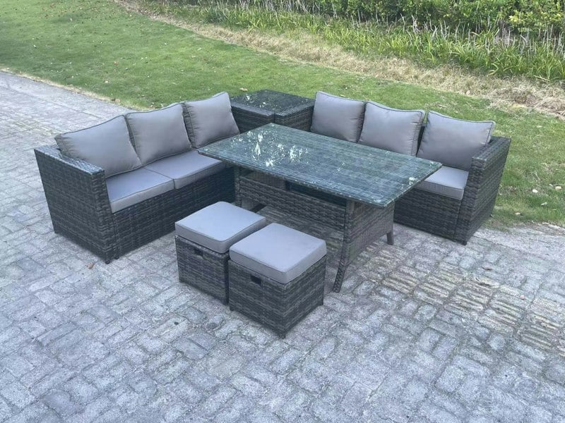 Fimous 8 Seater Dark Grey Mixed Rattan Outdoor Dining Set - Rectangular Dining Table, Lounge Sofa & 2 Footstools