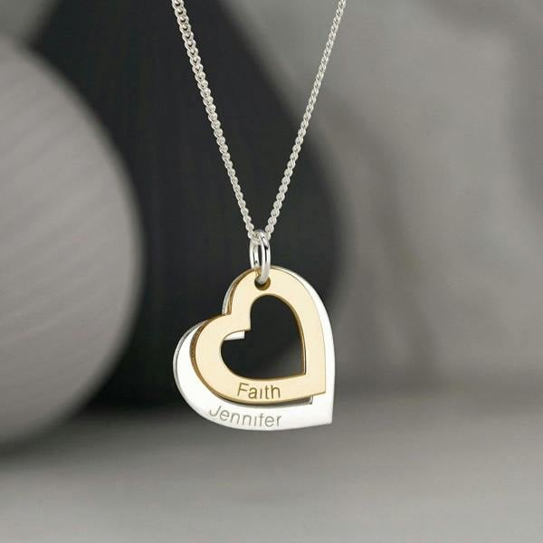9ct Gold Personalised Two Hearts Necklace - Love Silver Jewellery