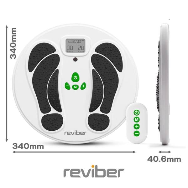 The Reviber Circulation Stim by Reviber is a round white electronic muscle stimulator with black foot pads, a digital display, green controls, and a white remote. Perfect for active recovery and lower leg strength. Size: 340mm x 340mm x 40.6mm; reviber logo below.