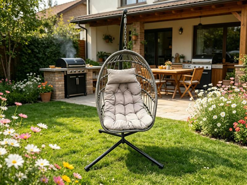 Fimous Rattan Garden Foldable Single Hanging Egg Chair Indoor Outdoor Patio Furniture with Grey Cushion