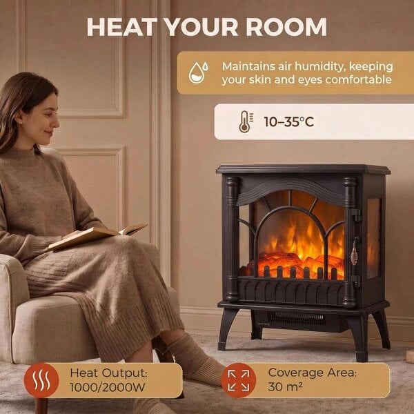 3-Sided Glass Electric Fire Fan Heater, Electric Fireplace Stove Freestanding Log Burner with Flame Effect, Black