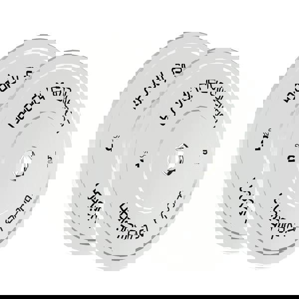 Body Revolution 5kg Olympic bumper plates in sleek white with black lettering, designed for strength training and fitness enthusiasts