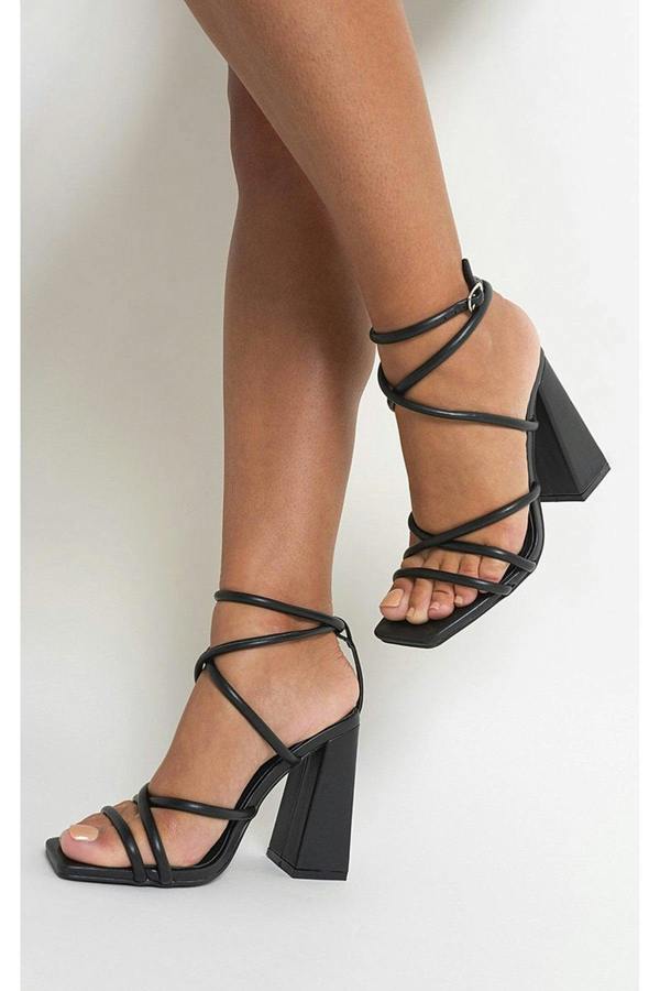 Michaela Strappy Ankle Block Heeled Sandals - Black